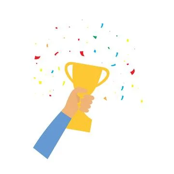 Flat Vector Hand Holding Golden Trophy with Colorful Confetti Stockillustratie