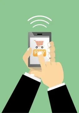 Flat vector hand holding mobile and push pay button Stock Illustration