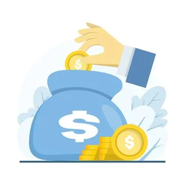 Flat vector of hand putting gold coins into money bag Stock Illustration