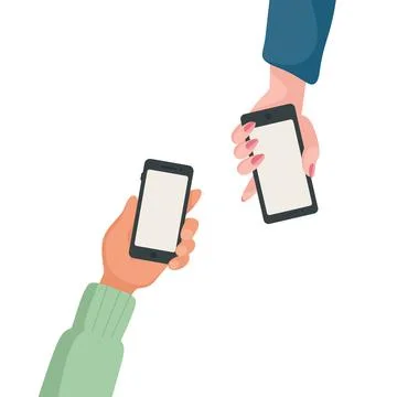 Flat Vector Hands Holding Smartphones, Showing Chat Message Notifications Stock Illustration