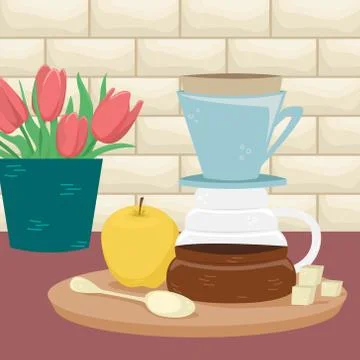 Flat vector hario with a yellow apple in the interior. Alternative methods of Stock Illustration