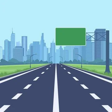 Flat Vector Highway Entering Modern City With Skyscrapers. Scenic Urban Road Stock Illustration