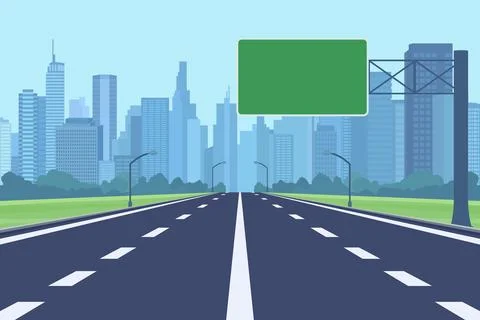 Flat Vector Highway Entering Modern City With Skyscrapers. Scenic Urban Road Ilustración de archivo