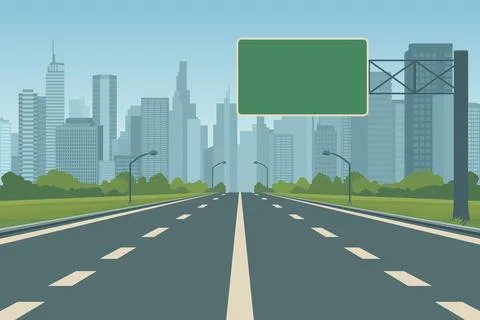 Flat Vector Highway Entering Modern City With Skyscrapers. Scenic Urban Road Ilustración de archivo