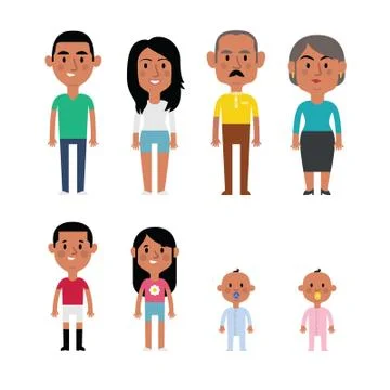 Flat Vector Hispanic Family Members. Parents, Grandparents, Children and Baby Stock Illustration