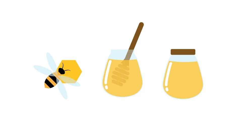Flat Vector Honey Jar and Bee Icon Set Stock Illustration