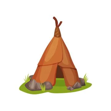 Flat vector icon of ancient man hut on green grass surrounded by small stones 库存插图