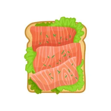 Flat vector icon of appetizing sandwich with green lettuce leaves and salmon Illustrazione stock