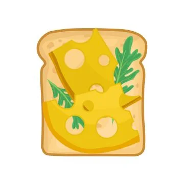 Flat vector icon of appetizing sandwich. Toasted bread with green arugula and Stock Illustration