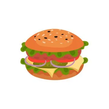 Flat vector icon of appetizing sandwich. Tasty burger. Street fast food. Element Stock Illustration