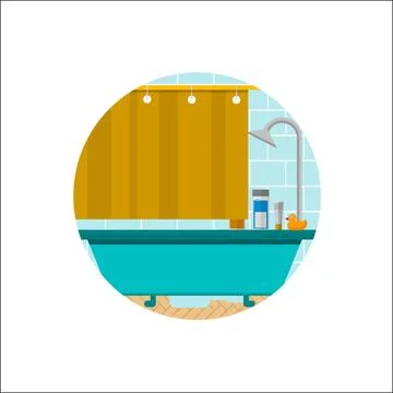 Flat vector icon for bathroom Blue bath with gray metallic shower, yellow ... Stock Photos