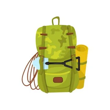 Flat vector icon of big camouflage backpack with small shovel, rope and yellow イラスト素材