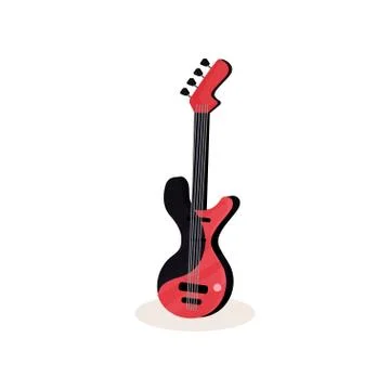 Flat vector icon of black and red electric guitar. Modern stringed musical Stock Illustration