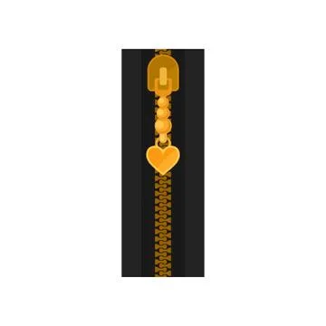 Flat vector icon of black zip fastener with golden teeth and small heart on Stock Illustration