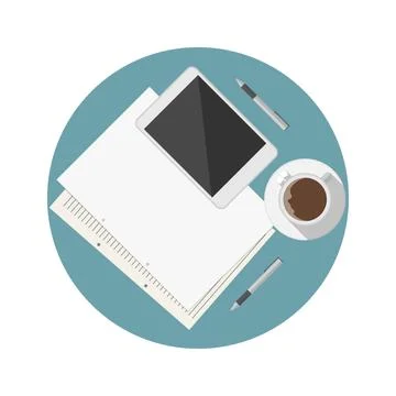 Flat vector icon for blogger work table White coffee cup, tablet and note ... Stock Photos
