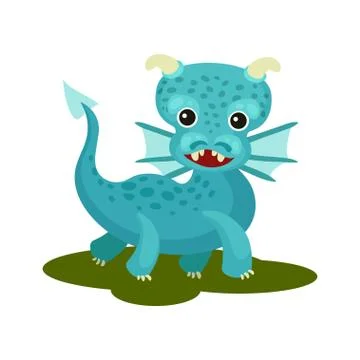 Flat vector icon of blue baby dragon with small wings, horns and long tail Stock Illustration