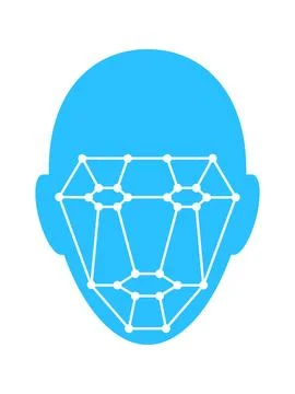 A flat vector icon of a blue human head with a white biometric mesh overlay,  Stock Illustration