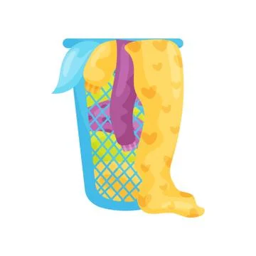 Flat vector icon of blue plastic basket with colored dirty laundry. Sweaters and Illustrazione stock