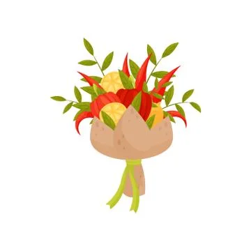 Flat vector icon of bouquet made of lemon, green twigs, hot and bell pepper Illustrazione stock