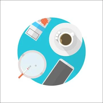 Flat vector icon for break table White coffee cup, cigarette and telephone... Foto stock