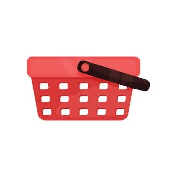 Flat vector icon of bright red shopping basket with single black handle. Plastic Illustration