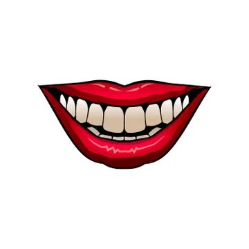 Flat vector icon of bright red female lips. Sincere woman s smile with white Stock Illustration