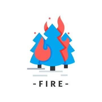 Flat vector icon with burning fir trees. Forest in fire. Emergency situation Illustrazione stock