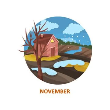 Flat vector icon in circle shape with small house, tree, river, snowy clouds and 스톡 일러스트