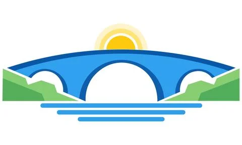 Flat vector icon of a classic arched bridge over a river with a rising sun an Stock Illustration