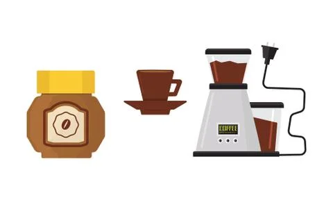 Flat vector icon of coffee maker, cup on saucer and jar of coffee beans. Kitchen Stock Illustration