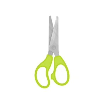 Flat vector icon of craft scissors with bright green plastic handles. Cutting Stock Illustration