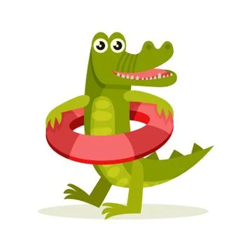 Flat vector icon of crocodile with red inflatable ring. Cartoon character of Stock Illustration