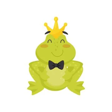 Flat vector icon of cute frog with golden crown on head and black tie bow on Stock Illustration