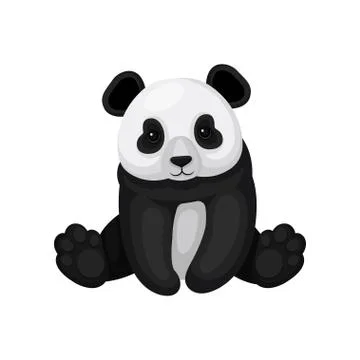 Flat vector icon of cute sitting panda. Little bamboo bear with black and white Stock Illustration