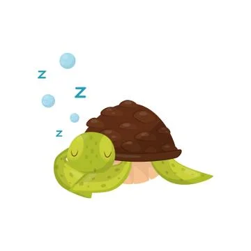 Flat vector icon of cute sleeping turtle. Marine animal. Green tortoise with Stock Illustration