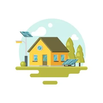 Flat vector icon of cute yellow eco house with solar panels and trees near by Illustrazione stock