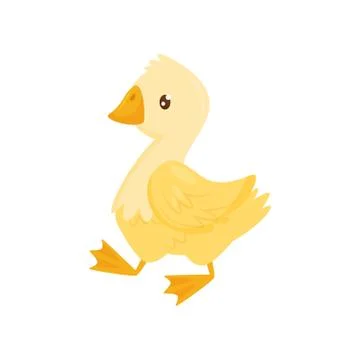 Flat vector icon of cute young duck. Farm bird with yellow feathers, orange beak Stock Illustration