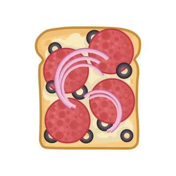 Flat vector icon of delicious sandwich. Rye bread with slices of salami, black Illustrazione stock