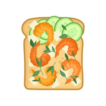 Flat vector icon of delicious sandwich with feta cheese, boiled shrimps and Illustrazione stock