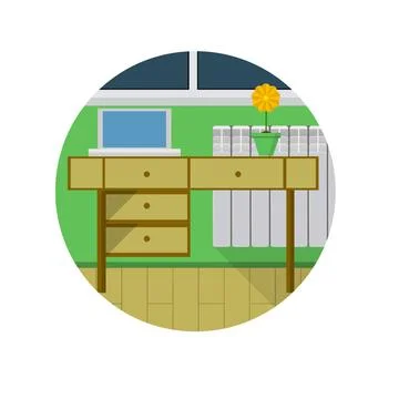 Flat vector icon for desk in room Workplace with laptop and green flower p... Stock Photos