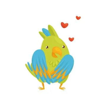 Flat vector icon of enamored parrot character, red hearts flying in the air Stock Illustration