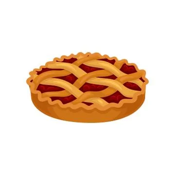 Flat vector icon of freshly baked pie with cherry filling. Sweet food. Delicious Stock Illustration