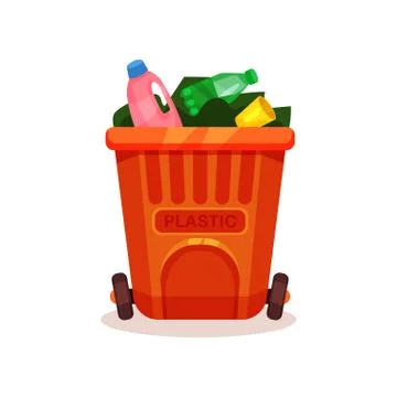 Flat vector icon of garbage bin with plastic waste. Empty bottles and cup in Stock Illustration