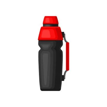 Flat vector icon of gray aluminum thermos with red lid and handle. Vacuum flask Illustration