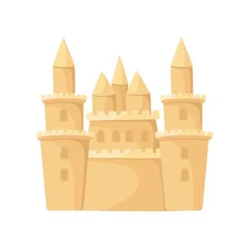 Flat vector icon of huge sand castle with towers. Beach vacation theme. Element Stock Illustration