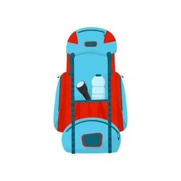 Flat vector icon of large blue-red backpack. Tourist bag with flashlight and 스톡 일러스트