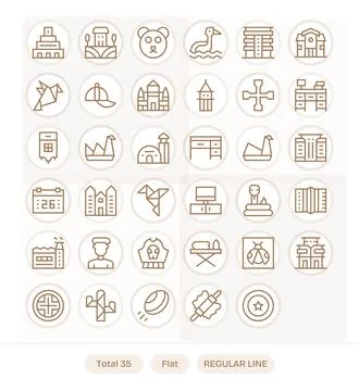Flat Vector Icon Library with 35 Regular Line 256x256 Editable Designs Stock Illustration