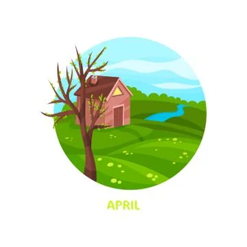 Flat vector icon of nature landscape with small house, blooming tree, green Stock Illustration