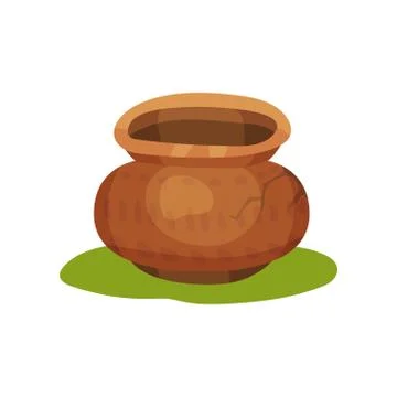 Flat vector icon of old pottery jug on green grass. Clay pot with ornament and 库存插图