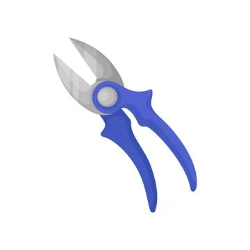 Flat vector icon of pruning shears with sharp metal blades and bright blue Stock Illustration